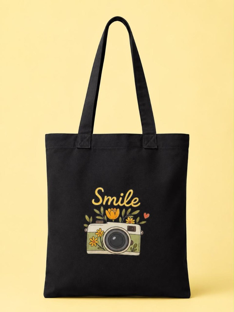 Smile Printed Black Tote Bag